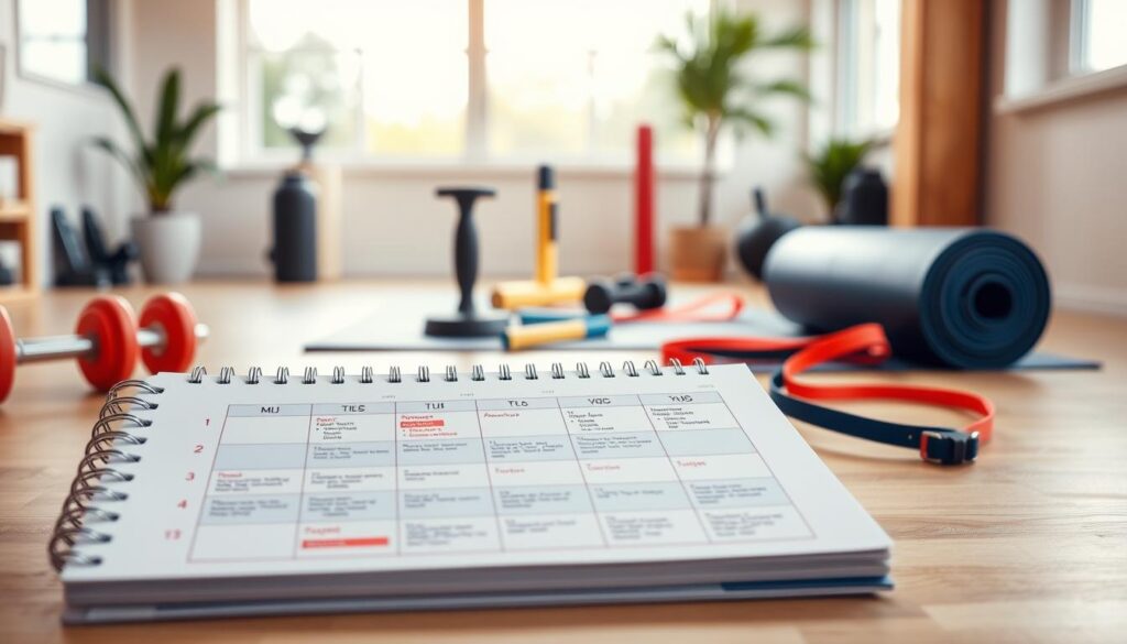 A balanced, well-designed weekly cross-training schedule for a teen athlete, captured in a vibrant, natural-lit photograph. In the foreground, a neatly organized planner or calendar displays the structured routine, with icons and text highlighting different exercise types. In the middle ground, fitness equipment such as free weights, resistance bands, and a yoga mat are artfully arranged, conveying the variety of activities. The background depicts a bright, airy home gym or workout space, with large windows allowing ample sunlight to flood the scene. The overall atmosphere is one of discipline, organization, and a holistic approach to building teenage fitness through cross-training. A balanced, well-designed weekly cross-training schedule for a teen athlete, captured in a vibrant, natural-lit photograph. In the foreground, a neatly organized planner or calendar displays the structured routine, with icons and text highlighting different exercise types. In the middle ground, fitness equipment such as free weights, resistance bands, and a yoga mat are artfully arranged, conveying the variety of activities. The background depicts a bright, airy home gym or workout space, with large windows allowing ample sunlight to flood the scene. The overall atmosphere is one of discipline, organization, and a holistic approach to building teenage fitness through cross-training.