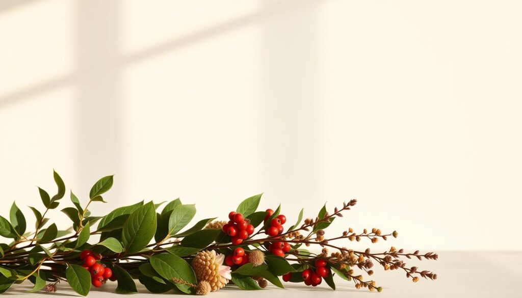 A botanically-inspired set of workout guidelines displayed in a minimalist, natural style. In the foreground, an arrangement of botanical elements like leaves, berries, and flowers, casting soft, diffused shadows. In the middle ground, a clean, white background with subtle textures, conveying a sense of purity and simplicity. The lighting is warm and natural, highlighting the organic materials and creating a calming, earthy atmosphere. The overall composition is balanced and visually striking, drawing the viewer's attention to the guidelines presented in a refined, elegant manner.