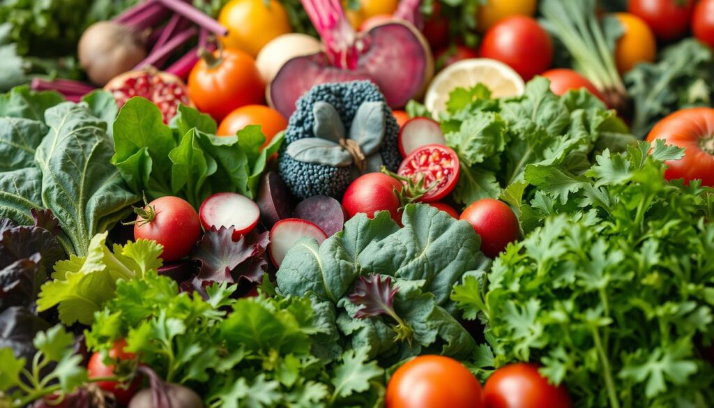 A bountiful display of natural nitrate-rich foods, captured in vivid detail under natural lighting. In the foreground, a vibrant selection of leafy greens, including spinach, kale, and arugula, their textures and colors meticulously rendered. In the middle ground, a variety of root vegetables, such as beets and radishes, their vibrant hues and crisp forms accentuated. In the background, a smattering of other nitrate-boosting ingredients, like pomegranate seeds, tomatoes, and citrus fruits, adding depth and complexity to the scene. The overall composition conveys a sense of abundance and health, inspiring the viewer to incorporate these nutrient-dense foods into their diet.