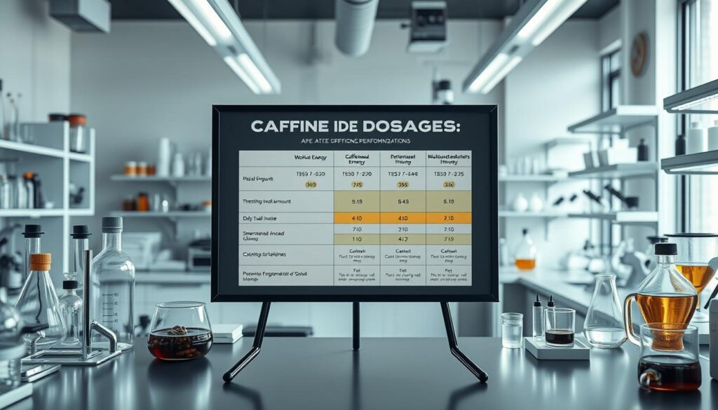 A clean, well-lit laboratory workspace with various scientific instruments and glassware. In the center, a display stands showcasing a detailed infographic on caffeine dosage recommendations, including recommended amounts for different scenarios such as workout energy, daily intake, and health guidelines. The infographic features clear, data-driven graphics and minimal text. The overall mood is informative, authoritative, and visually appealing, conveying the importance of understanding proper caffeine usage for optimal performance.