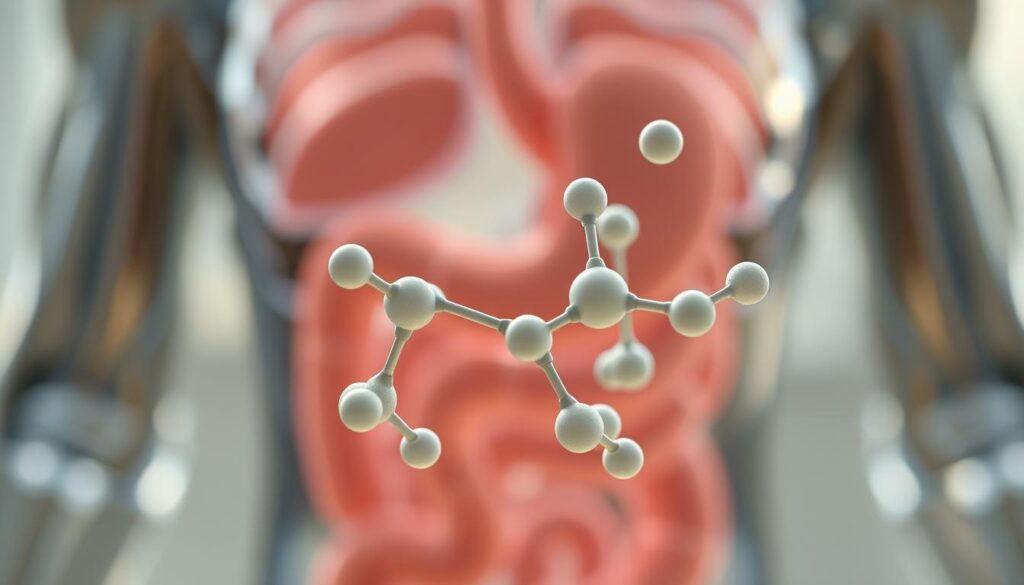 A close-up, ultra-realistic photograph in natural lighting, 4k detail, of a molecular model of a magnesium chelate compound, with its chemical structure prominently displayed in the foreground. The model showcases the bioavailability of magnesium, highlighting the ease with which the human body can absorb and utilize this essential mineral. The background features a blurred, out-of-focus image of a human digestive system, suggesting the physiological process of nutrient absorption. The overall mood is one of scientific precision and informative clarity, conveying the importance of understanding magnesium bioavailability for optimal post-workout recovery and health. A close-up, ultra-realistic photograph in natural lighting, 4k detail, of a molecular model of a magnesium chelate compound, with its chemical structure prominently displayed in the foreground. The model showcases the bioavailability of magnesium, highlighting the ease with which the human body can absorb and utilize this essential mineral. The background features a blurred, out-of-focus image of a human digestive system, suggesting the physiological process of nutrient absorption. The overall mood is one of scientific precision and informative clarity, conveying the importance of understanding magnesium bioavailability for optimal post-workout recovery and health.