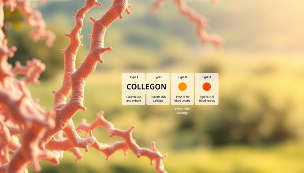 A detailed illustration showcasing the diverse types of collagen fibers. In the foreground, a close-up view of various collagen fibril structures, their intricate patterns and cross-linkages visible. In the middle ground, a labeled diagram highlighting the key collagen types and their distinct functions, such as Type I for skin and bone, Type II for cartilage, and Type III for blood vessels. The background features a soft, natural landscape with diffused lighting, creating a serene, educational atmosphere. The overall image conveys the complexity and importance of the different collagen varieties within the human body. Ultra-realistic photographic quality with 4K detail. A detailed illustration showcasing the diverse types of collagen fibers. In the foreground, a close-up view of various collagen fibril structures, their intricate patterns and cross-linkages visible. In the middle ground, a labeled diagram highlighting the key collagen types and their distinct functions, such as Type I for skin and bone, Type II for cartilage, and Type III for blood vessels. The background features a soft, natural landscape with diffused lighting, creating a serene, educational atmosphere. The overall image conveys the complexity and importance of the different collagen varieties within the human body. Ultra-realistic photographic quality with 4K detail.