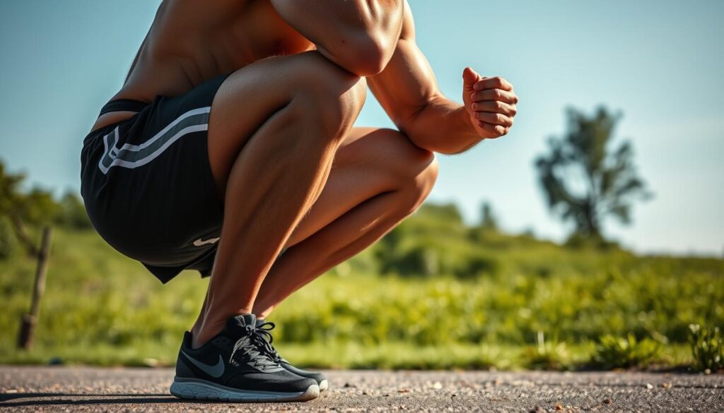 A detailed, ultra-realistic photograph in natural lighting showcasing the benefits of unilateral squats. The foreground features a male athlete performing a perfect unilateral squat, with his front leg bent at a 90-degree angle and his rear leg extended behind him, highlighting the muscular engagement and balance required. The middle ground depicts the athlete's strong, defined leg muscles working to stabilize and power the movement. The background showcases a serene outdoor setting, with lush greenery and a clear blue sky, creating a calming, natural atmosphere that complements the fitness focus. The 4K resolution captures every nuance of the athlete's form and the scene, providing a visually striking and informative illustration of the benefits of unilateral squats for runners and athletes.