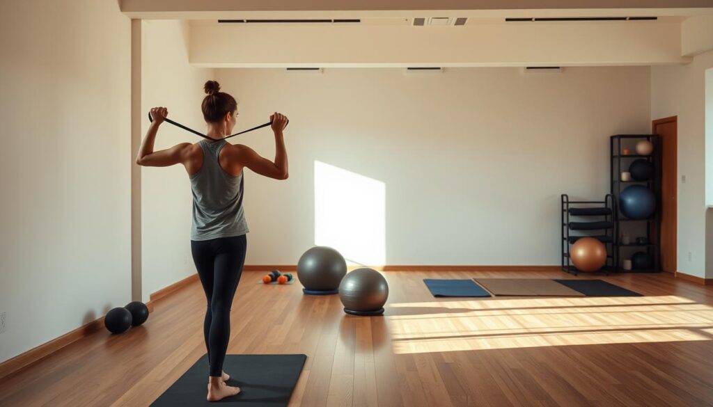 A dimly lit, natural-looking gymnasium with soft, diffused lighting. In the foreground, a person performs a low-impact strength training exercise, utilizing resistance bands or light weights. Their movements are controlled and focused, emphasizing proper form and joint protection. The mid-ground features various exercise equipment, such as stability balls and yoga mats, arranged in a minimalist, well-organized manner. The background showcases a clean, open space with wooden floors and neutral-toned walls, creating a calm and serene atmosphere. The overall scene conveys a sense of mindful, low-impact strength training that is gentle on the joints.