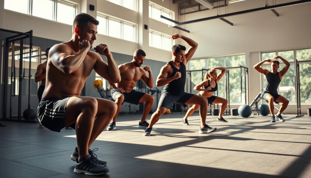 A dynamic group of athletes performing a series of functional movement exercises under natural sunlight, their bodies in perfect alignment as they engage core muscles and stabilize joints. The foreground features a close-up view of an athlete mid-squat, their form meticulously detailed. In the middle ground, others perform lunges, push-ups, and overhead reaching motions, showcasing the versatility of Functional Movement Screening. The background depicts a well-equipped gym facility, with equipment and training aids complementing the scene. The overall composition conveys the benefits of FMS for athletes - improved mobility, stability, and injury prevention, all captured in a 4K, ultra-realistic photographic style.