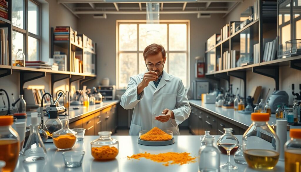 A laboratory setting with benches covered in various scientific equipment and glassware. In the center, a researcher in a white lab coat carefully examines a petri dish containing a vibrant yellow powder - turmeric. The room is bathed in natural light filtering through large windows, casting a warm glow on the scene. Shelves line the walls, stocked with reference books and scientific journals. The atmosphere is one of focused investigation, as the researcher delves into the properties and potential benefits of this ancient spice. The level of detail is high, revealing the intricate textures and reflections of the laboratory instruments. A laboratory setting with benches covered in various scientific equipment and glassware. In the center, a researcher in a white lab coat carefully examines a petri dish containing a vibrant yellow powder - turmeric. The room is bathed in natural light filtering through large windows, casting a warm glow on the scene. Shelves line the walls, stocked with reference books and scientific journals. The atmosphere is one of focused investigation, as the researcher delves into the properties and potential benefits of this ancient spice. The level of detail is high, revealing the intricate textures and reflections of the laboratory instruments.