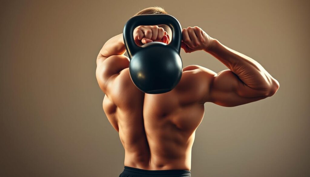 A muscular athlete performing a powerful American kettlebell swing, with a steely determination etched on their face. The athlete is positioned in a wide, stable stance, their back straight and core engaged as they swing the heavy kettlebell between their legs and forcefully drive it up to shoulder height, every muscle in their body working in synchrony. The scene is bathed in natural, warm lighting, highlighting the athlete's chiseled physique and the smooth, fluid motion of the swing. The background is clean and uncluttered, allowing the viewer to focus on the technical precision and strength of the exercise.