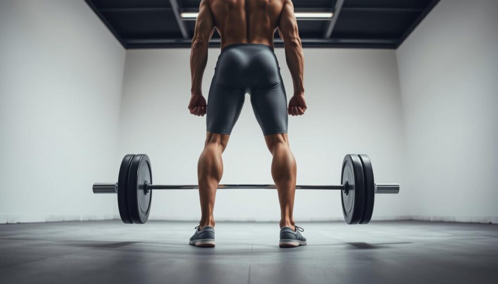 A person standing in a well-lit studio, feet shoulder-width apart, hips hinged back, back flat, shoulders pulled back, arms extended, and hands gripping a barbell resting on the floor. The individual's form demonstrates the proper starting position and hinge movement of a deadlift, showcasing the essential biomechanics for a safe and effective lift. The scene is captured with a high-quality camera, emphasizing the intricate details of the lifter's posture and technique in a natural, lifelike manner. A person standing in a well-lit studio, feet shoulder-width apart, hips hinged back, back flat, shoulders pulled back, arms extended, and hands gripping a barbell resting on the floor. The individual's form demonstrates the proper starting position and hinge movement of a deadlift, showcasing the essential biomechanics for a safe and effective lift. The scene is captured with a high-quality camera, emphasizing the intricate details of the lifter's posture and technique in a natural, lifelike manner.