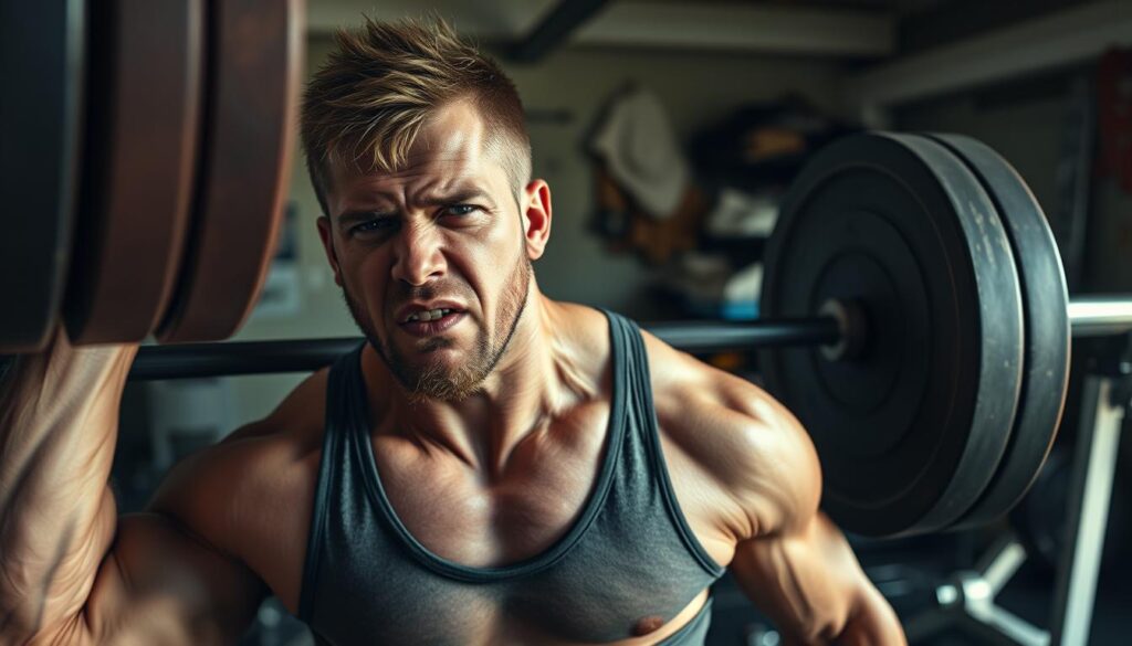 A powerlifter straining with poor breathing form, their face contorted in effort as they attempt to lift a heavy barbell. In the foreground, their torso is tense and off-balance, shoulders hunched, with a visible lack of core bracing. The middle ground depicts the weightlifting setup, with a cluttered gym environment in the background, hinting at the common distractions that can lead to sloppy technique. The lighting is natural and slightly dramatic, casting shadows that accentuate the lifter's muscular strain. The overall mood is one of struggle and potential injury, conveying the importance of mastering proper breathing for safe and effective weightlifting. A powerlifter straining with poor breathing form, their face contorted in effort as they attempt to lift a heavy barbell. In the foreground, their torso is tense and off-balance, shoulders hunched, with a visible lack of core bracing. The middle ground depicts the weightlifting setup, with a cluttered gym environment in the background, hinting at the common distractions that can lead to sloppy technique. The lighting is natural and slightly dramatic, casting shadows that accentuate the lifter's muscular strain. The overall mood is one of struggle and potential injury, conveying the importance of mastering proper breathing for safe and effective weightlifting.