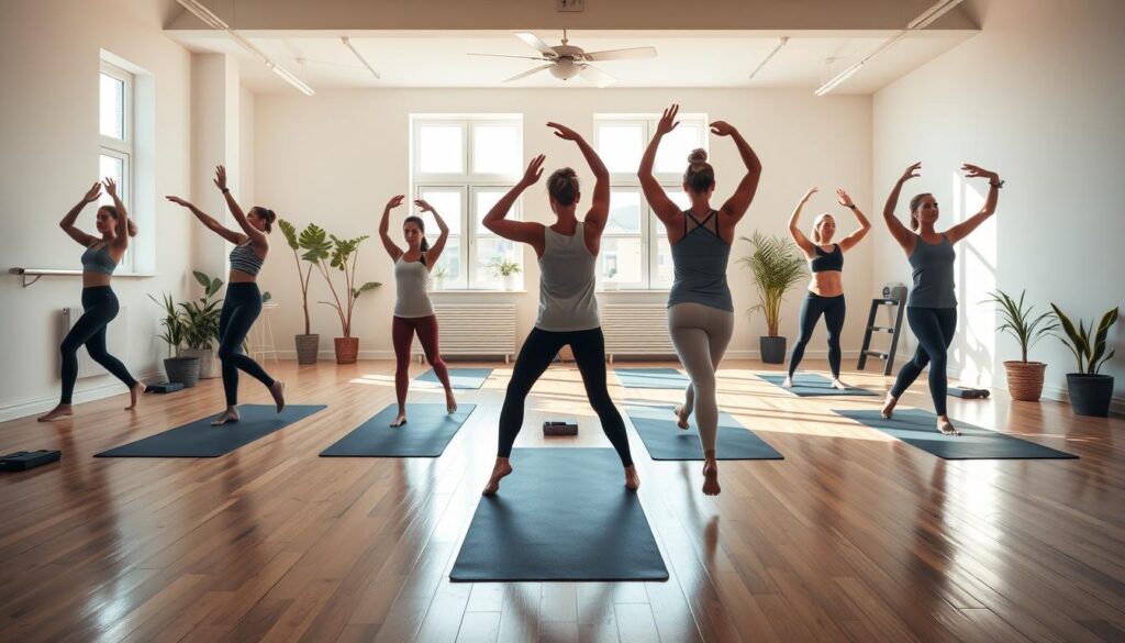 A serene, well-lit studio space with hardwood floors, natural daylight streaming in through large windows. In the foreground, a group of fitness enthusiasts perform dynamic stretches and light warm-up exercises, their movements graceful and focused. The middle ground features yoga mats, resistance bands, and other workout equipment neatly arranged, inviting the viewer to join the session. The background showcases a minimalist, calming ambiance with neutral-toned walls, potted plants, and a sense of tranquility, encouraging a mindful approach to the upcoming workout routine. The scene conveys a balanced, approachable atmosphere for beginners to confidently embark on their fitness journey.