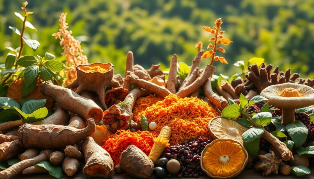 A sprawling arrangement of vibrant adaptogenic herbs and spices, bathed in warm, natural light. In the foreground, plump ashwagandha roots, glossy gotu kola leaves, and gnarled reishi mushrooms take center stage. Behind them, clusters of turmeric rhizomes, rhodiola stalks, and gleaming schisandra berries fill the middle ground. The background is a softly blurred landscape of lush greenery, evoking a sense of tranquility and balance. The overall composition conveys the restorative power of these renowned stress-busting botanicals, ready to be blended into a nourishing adaptogen tonic. A sprawling arrangement of vibrant adaptogenic herbs and spices, bathed in warm, natural light. In the foreground, plump ashwagandha roots, glossy gotu kola leaves, and gnarled reishi mushrooms take center stage. Behind them, clusters of turmeric rhizomes, rhodiola stalks, and gleaming schisandra berries fill the middle ground. The background is a softly blurred landscape of lush greenery, evoking a sense of tranquility and balance. The overall composition conveys the restorative power of these renowned stress-busting botanicals, ready to be blended into a nourishing adaptogen tonic.