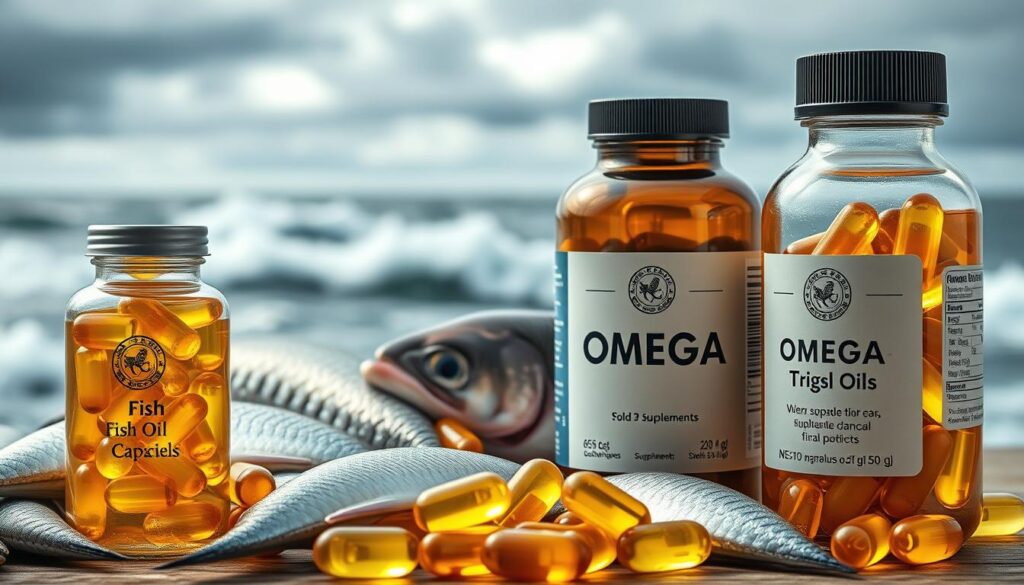 A vibrant, high-resolution photograph depicting a clear comparison between omega-3 supplements and fish oil. In the foreground, a glass bottle filled with golden, translucent fish oil capsules, its label prominently displaying the words "Fish Oil." Alongside it, a bottle of omega-3 supplements, its capsules a distinct golden-amber hue. The middle ground showcases a selection of fresh, whole fish, their scales glistening under natural lighting. In the background, a serene seascape with crashing waves and a cloudy, atmospheric sky. The overall composition highlights the relationship and differences between these two nutritional supplements, conveying a sense of health, purity, and the marine origin of the products.