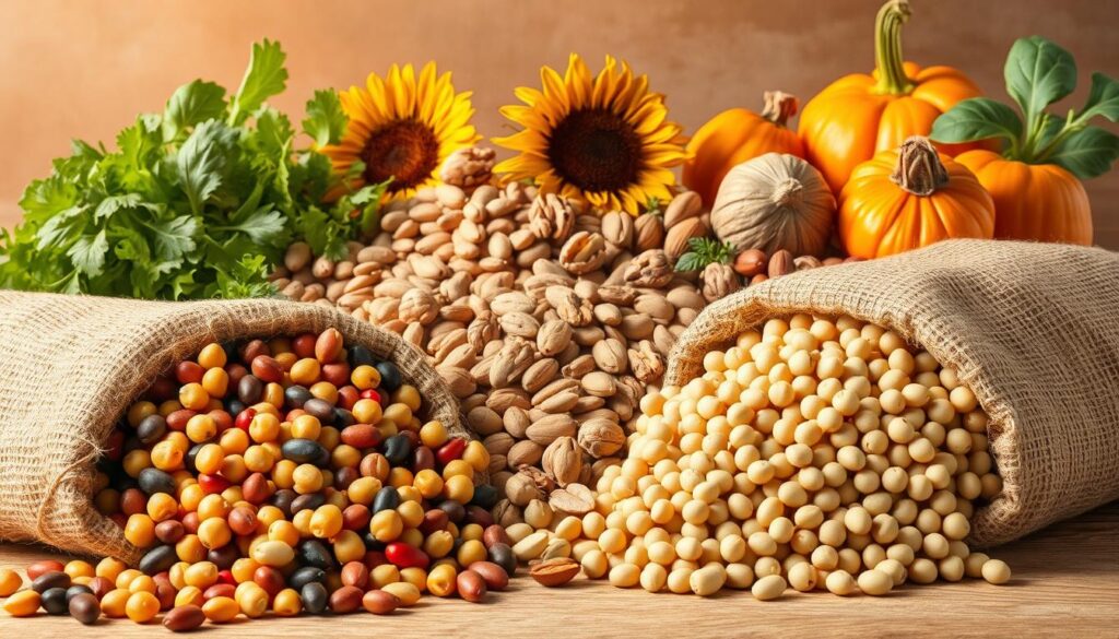 A vibrant still life showcasing an array of plant-based BCAA sources. In the foreground, a selection of beans, lentils, and chickpeas spill out from rustic burlap sacks, their colors and textures inviting. The middle ground features an assortment of nuts and seeds - almonds, walnuts, sunflower, and pumpkin - arranged in a visually appealing manner. In the background, clusters of leafy greens and fresh herbs add a touch of verdant vitality to the scene. Warm, natural lighting illuminates the composition, casting gentle shadows and highlights that enhance the rich, earthy tones. The overall impression is one of abundance, nutritional value, and the bountiful offerings of a plant-based diet.