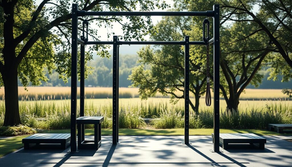 A well-designed, minimalist workout structure set against a natural, sun-dappled environment. The foreground features a simple, modular framework of bars, platforms, and rings, arranged in a functional, uncluttered layout. The middle ground showcases a serene outdoor setting, with lush greenery and soft shadows cast by the overhead foliage. The background subtly blends the horizon, creating a sense of peaceful tranquility. Lighting is soft and natural, accentuating the clean lines and textures of the equipment. The overall composition conveys a sense of efficiency, practicality, and balanced simplicity - an embodiment of the "Minimal-Equipment Strength Routine Under 30 Minutes" concept.