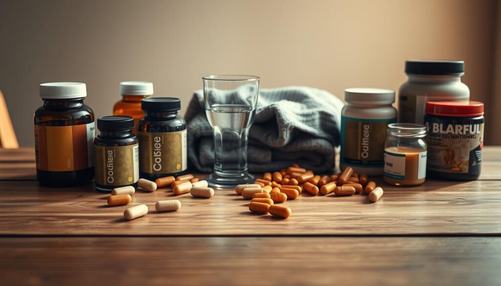 A well-lit, natural scene depicting an array of various nutritional supplements arranged in a thoughtful, organized manner on a wooden table. The foreground features bottles, capsules, and powders in earthy tones, while the middle ground showcases a glass of water and a towel, alluding to post-workout recovery. The background is softly blurred, creating a sense of focus and emphasis on the supplements. The lighting is warm and diffused, casting gentle shadows that accentuate the textures and shapes of the items. The overall mood is one of calm, mindfulness, and attention to detail in the optimal timing of supplement intake for maximum recovery.