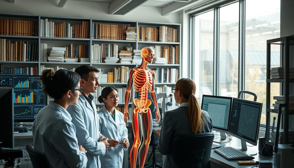 A well-lit, ultra-realistic laboratory setting with scientific equipment and various charts, graphs, and data visualizations displayed on computer screens. In the foreground, a group of researchers closely examining and discussing the results of eccentric training studies, their faces illuminated by the soft, natural light filtering in through large windows. The middle ground features a 3D anatomical model of the human musculoskeletal system, highlighting the mechanics and effects of eccentric movements. In the background, bookshelves filled with scientific journals and textbooks create a sense of academic rigor and deep investigation into the subject matter.