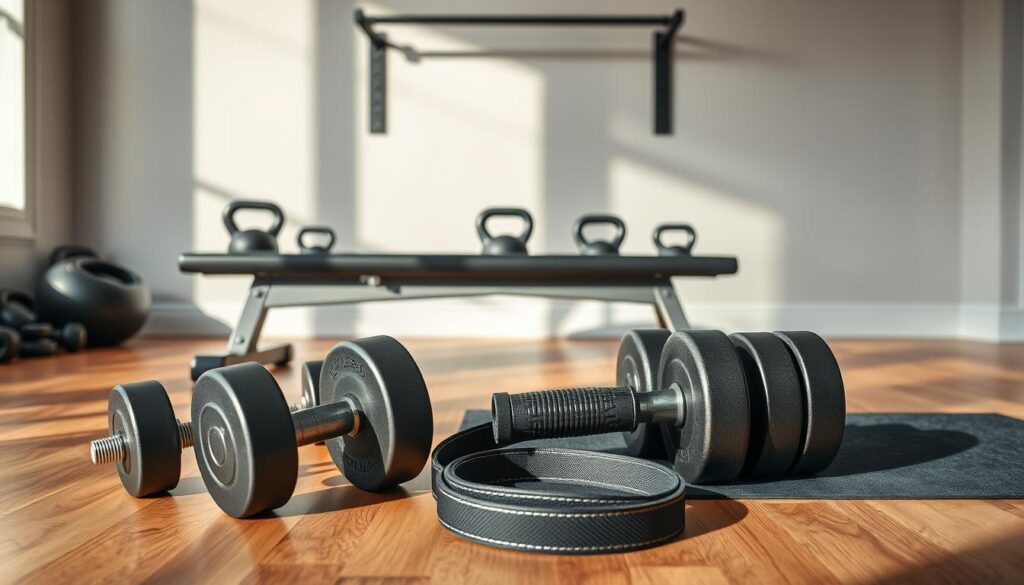 A well-organized gym setup with a selection of strength training essentials neatly arranged on a hardwood floor. In the foreground, a pair of heavy-duty dumbbells, a sturdy resistance band, and a high-quality exercise mat. The middle ground features a sleek weight bench and a set of kettlebells of varying sizes. In the background, a wall-mounted pull-up bar casts a gentle shadow, creating a sense of depth and functionality. The scene is bathed in natural light, with soft shadows highlighting the textures and contours of the equipment. The overall atmosphere conveys a perfect balance of efficiency, practicality, and a dedication to strength training.