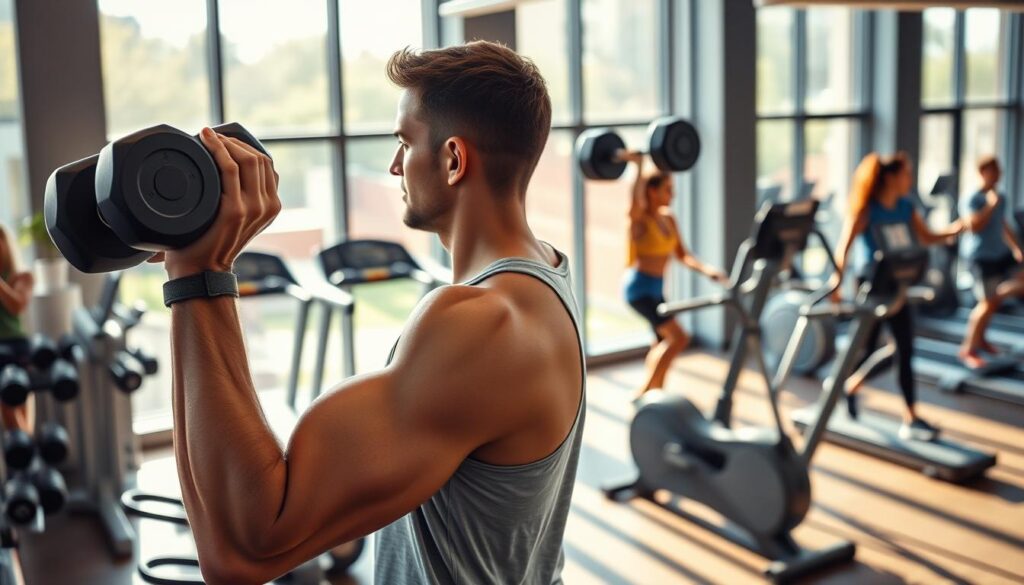 High-detail, ultra-realistic photo in natural lighting of a 30-minute lunchtime gym express routine. A well-equipped modern fitness center with sleek machines and free weights. In the foreground, a person performing a series of dumbbell exercises - bicep curls, overhead presses, and rows. In the middle ground, another person using a treadmill and elliptical machine. The background showcases other gym-goers engaging in various workouts, a towel station, and hydration area. Warm, natural lighting filters through large windows, creating a bright and energizing atmosphere. 4k resolution captures every nuanced muscle movement and bead of sweat.