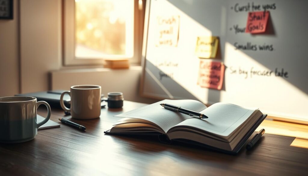 a photo of a desk with an open notebook, a pen, and motivational sticky notes on a whiteboard in the background. The desk is illuminated by natural light streaming in through a window, casting a warm glow on the workspace. The notes on the whiteboard feature inspirational phrases like "Crush your goals", "Celebrate small wins", and "Stay focused on the big picture". A mug of coffee sits next to the notebook, adding a cozy, productive atmosphere. The overall scene conveys a sense of organization, determination, and a positive mindset for setting and achieving personal objectives.