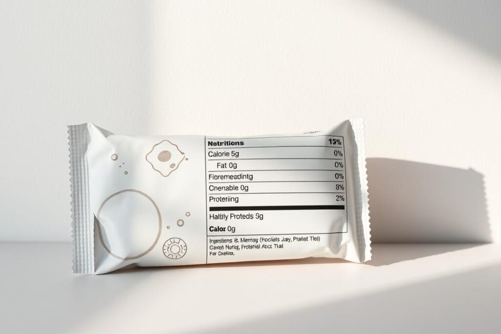 A close-up still life composition of a healthy protein bar ingredient label, showcasing the key macronutrient values - calories, fat, fiber, and protein. The label is placed against a plain, minimalist background with subtle natural lighting from the side, casting soft shadows and highlighting the texture of the paper. The label's design is clean and modern, with a muted color palette that complements the nutritional information. The overall mood is one of simplicity, clarity, and an emphasis on the important nutritional data relevant to the article's subject matter. A close-up still life composition of a healthy protein bar ingredient label, showcasing the key macronutrient values - calories, fat, fiber, and protein. The label is placed against a plain, minimalist background with subtle natural lighting from the side, casting soft shadows and highlighting the texture of the paper. The label's design is clean and modern, with a muted color palette that complements the nutritional information. The overall mood is one of simplicity, clarity, and an emphasis on the important nutritional data relevant to the article's subject matter.