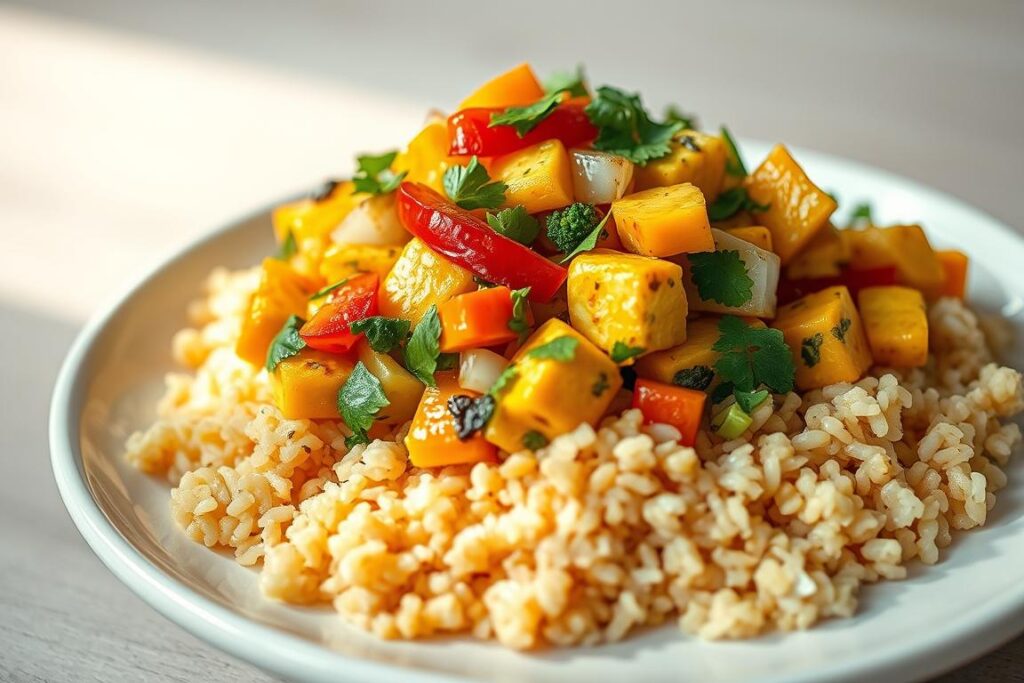 A delectable breakfast tofu scramble, glistening with a light golden hue, nestled atop a bed of fluffy, aromatic brown rice. Vibrant bell peppers, onions, and a medley of fresh herbs are intricately folded into the scramble, creating a harmonious balance of flavors and textures. The scene is illuminated by soft, diffused natural light, casting a warm and inviting glow. The composition is framed by a simple, uncluttered backdrop, allowing the nourishing dish to take center stage. The overall atmosphere evokes a sense of wholesome, plant-based goodness - a dairy-free meal that could aid in post-workout muscle recovery.