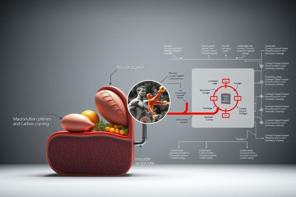 A detailed cross-sectional diagram depicting the intricate metabolic processes of carb cycling. In the foreground, a dynamic visualization of macronutrient partitioning, with carbohydrates being shuttled between muscle glycogen stores and fat oxidation pathways. In the middle ground, a magnified view of cellular mechanisms, showcasing the interplay of insulin, glucagon, and other key hormones. In the background, a schematic representation of the complex feedback loops and homeostatic mechanisms that govern this intricate metabolic dance. Rendered in a clean, technical style with a muted color palette, this image aims to illuminate the underlying physiology of carb cycling and its benefits for muscle building and fat loss. A detailed cross-sectional diagram depicting the intricate metabolic processes of carb cycling. In the foreground, a dynamic visualization of macronutrient partitioning, with carbohydrates being shuttled between muscle glycogen stores and fat oxidation pathways. In the middle ground, a magnified view of cellular mechanisms, showcasing the interplay of insulin, glucagon, and other key hormones. In the background, a schematic representation of the complex feedback loops and homeostatic mechanisms that govern this intricate metabolic dance. Rendered in a clean, technical style with a muted color palette, this image aims to illuminate the underlying physiology of carb cycling and its benefits for muscle building and fat loss.