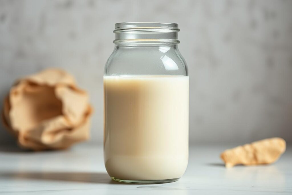 A glass jar filled with creamy, off-white soy milk, the surface reflecting soft, ambient lighting. The jar is positioned on a clean, minimalist table, with a subtle background of natural textures, such as wood or stone, creating a calming, organic atmosphere. The lighting is gentle, casting subtle shadows and highlighting the smooth, silky texture of the soy milk. The overall composition emphasizes the simplicity and purity of this dairy-free protein source, inviting the viewer to imagine its versatility and nutritional benefits. A glass jar filled with creamy, off-white soy milk, the surface reflecting soft, ambient lighting. The jar is positioned on a clean, minimalist table, with a subtle background of natural textures, such as wood or stone, creating a calming, organic atmosphere. The lighting is gentle, casting subtle shadows and highlighting the smooth, silky texture of the soy milk. The overall composition emphasizes the simplicity and purity of this dairy-free protein source, inviting the viewer to imagine its versatility and nutritional benefits.