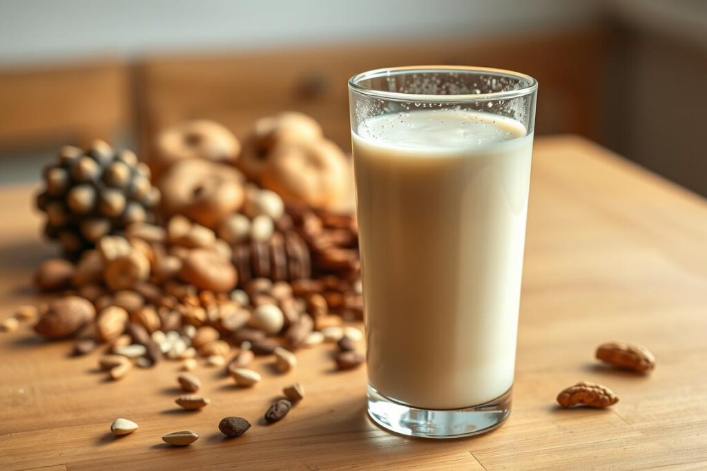 A glass of creamy, dairy-based milk recovery drink, filled to the brim and condensation beading on the surface. In the foreground, the glass sits on a smooth, wooden table, creating a warm, inviting atmosphere. The middle ground features an arrangement of various nuts, seeds, and dried fruits, hinting at the protein-rich, gut-friendly ingredients. The background is softly blurred, allowing the focus to remain on the refreshing, post-workout beverage. Warm, natural lighting illuminates the scene, creating a soothing, comforting mood.