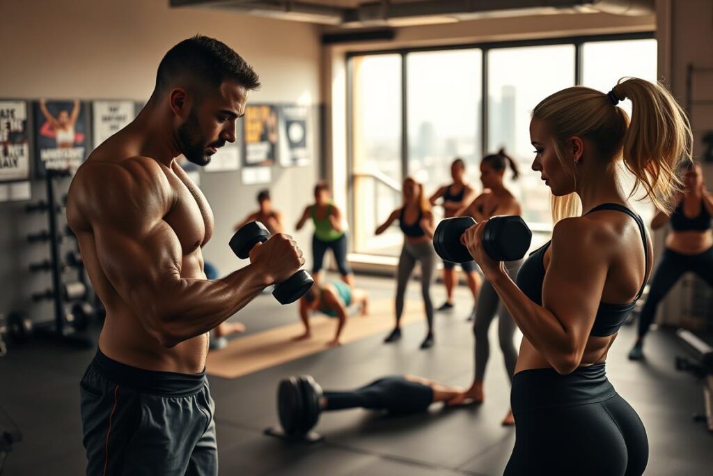 A professional, well-lit, high-resolution photograph of a group of people in an exercise studio. In the foreground, a muscular man and woman are performing dumbbell curls, with perfect form. In the middle ground, a diverse group of individuals are engaged in various exercises like squats, lunges, and planks. The background depicts a wall of motivational posters and a large window overlooking a cityscape. The lighting is warm and diffused, creating a sense of energy and determination. The overall atmosphere conveys the benefits of a structured, individualized carb cycling program for both muscle building and fat loss. A professional, well-lit, high-resolution photograph of a group of people in an exercise studio. In the foreground, a muscular man and woman are performing dumbbell curls, with perfect form. In the middle ground, a diverse group of individuals are engaged in various exercises like squats, lunges, and planks. The background depicts a wall of motivational posters and a large window overlooking a cityscape. The lighting is warm and diffused, creating a sense of energy and determination. The overall atmosphere conveys the benefits of a structured, individualized carb cycling program for both muscle building and fat loss.