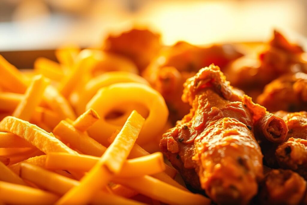 A sizzling medley of deep-fried delights, bathed in a warm golden glow. In the foreground, crispy, crunchy fries, their edges kissed by the fryer's heat. Beside them, fluffy, battered onion rings, their fluffy centers peeking through the lightly browned crust. In the middle ground, a mouthwatering array of chicken wings, their skin crackling with each bite. The background subtly fades, creating a shallow depth of field, drawing the eye to the tempting feast. Warm, inviting lighting casts a soft, alluring tone, hinting at the indulgent flavors. The overall scene evokes a sense of comforting, indulgent indulgence - a visual representation of the "Foods that can crank up inflammation (and what to swap in)".