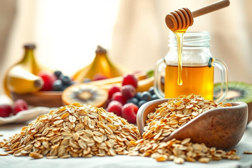 A vibrant still life depicting an array of whole food pre-workout carbohydrate sources, shot in natural window light with a shallow depth of field. In the foreground, a pile of golden oats spilling from a rustic ceramic bowl. Surrounding it, a selection of colorful fresh fruits - bananas, berries, kiwi - arranged artfully. In the middle ground, a glass jar filled with honey, its viscous golden liquid catching the soft light. In the background, a neutral linen cloth provides a clean canvas for the dynamic composition. The overall mood is one of nourishment and vitality, reflecting the energy-fueling power of these whole food carbohydrates. A vibrant still life depicting an array of whole food pre-workout carbohydrate sources, shot in natural window light with a shallow depth of field. In the foreground, a pile of golden oats spilling from a rustic ceramic bowl. Surrounding it, a selection of colorful fresh fruits - bananas, berries, kiwi - arranged artfully. In the middle ground, a glass jar filled with honey, its viscous golden liquid catching the soft light. In the background, a neutral linen cloth provides a clean canvas for the dynamic composition. The overall mood is one of nourishment and vitality, reflecting the energy-fueling power of these whole food carbohydrates.