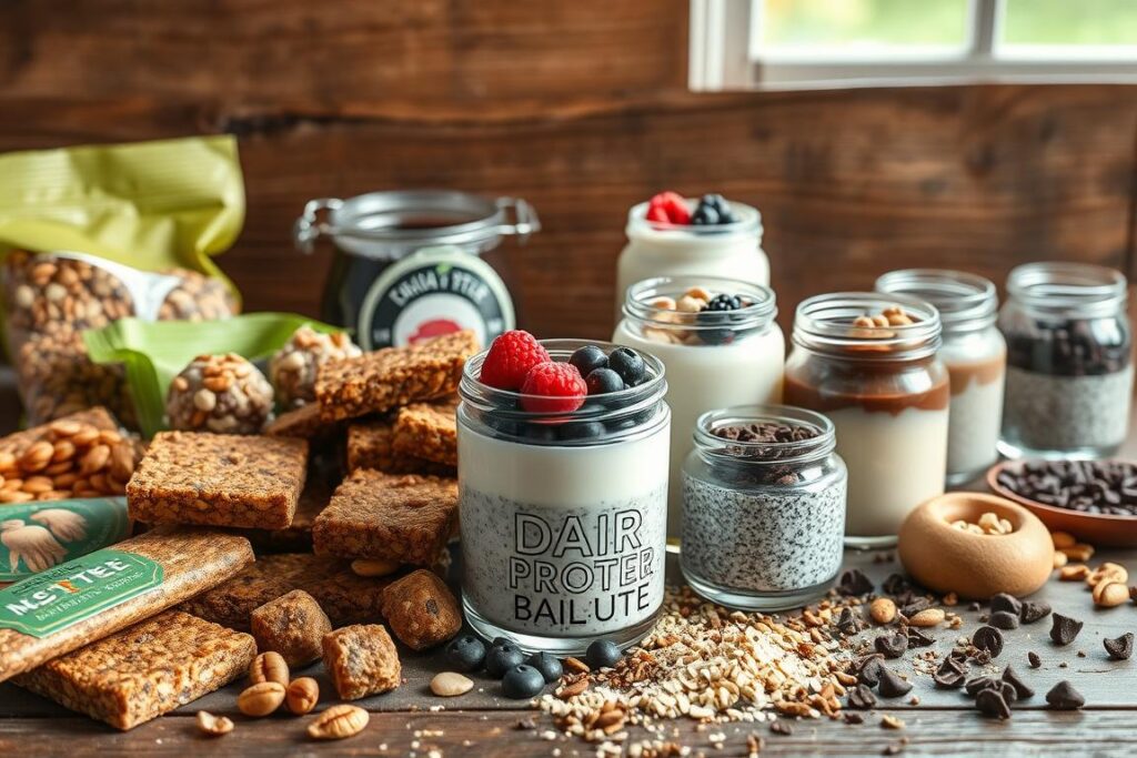 A vibrant still life featuring an assortment of dairy-free grab-and-go snacks and desserts. In the foreground, an array of energy bars, trail mixes, and protein-packed bites in earthy tones and natural textures. In the middle ground, a variety of plant-based yogurts, puddings, and chia seed puddings in glass jars, topped with fresh berries and nuts. The background features a rustic wooden surface with a scattering of dried fruits, seeds, and chocolate chips, all bathed in soft, natural lighting from an overhead window. The overall mood is one of healthful indulgence and convenience, perfectly suited for active lifestyles.