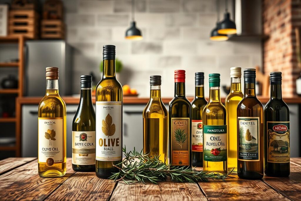 A vibrant still life image of olive oil bottles artfully arranged on a rustic wooden table, illuminated by warm, natural lighting. The foreground features a selection of high-quality, premium olive oil bottles, their labels displaying distinctive branding and typography. In the middle ground, a scatter of fresh herbs, such as rosemary and thyme, adds a touch of earthy sophistication. The background showcases a minimalist, loft-style kitchen setting, with exposed brick walls and a hint of stainless steel appliances, creating a sense of modern, yet cozy ambiance. The overall composition conveys a message of health-conscious, "smart" shopping and meal preparation, perfectly suited for the "Anti-Inflammatory Muscle Diet to Speed Up Recovery" article.