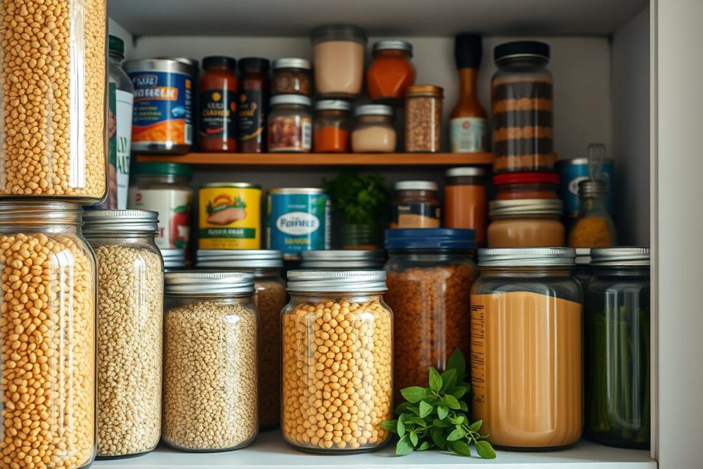 A well-stocked pantry with an array of low-sodium, high-protein ingredients. In the foreground, glass jars filled with lentils, quinoa, and chickpeas line the shelves. In the middle ground, cans of tuna, salmon, and beans peek out. In the background, spices, herbs, and other seasonings create a warm, earthy ambiance. The lighting is soft and natural, casting a gentle glow over the scene. The overall composition is clean, organized, and inviting, reflecting the healthy, nourishing nature of the contents.