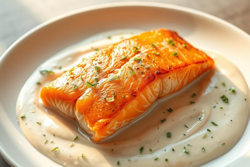 Seafood salmon sauce, a vibrant and inviting culinary masterpiece. A succulent salmon fillet, its delicate flesh seared to perfection, rests atop a creamy, luscious sauce. Swirls of rich, velvety cream mingle with the tangy, herbaceous notes of freshly chopped dill, creating a harmonious balance that dances on the palate. Glistening salmon, bathed in this captivating sauce, is the centerpiece of this artfully composed scene. Soft, diffused lighting casts a warm, golden glow, enhancing the dish's visual allure. A backdrop of minimalist, neutral tones allows the vibrant salmon and sauce to take center stage, inviting the viewer to savor every delectable bite.