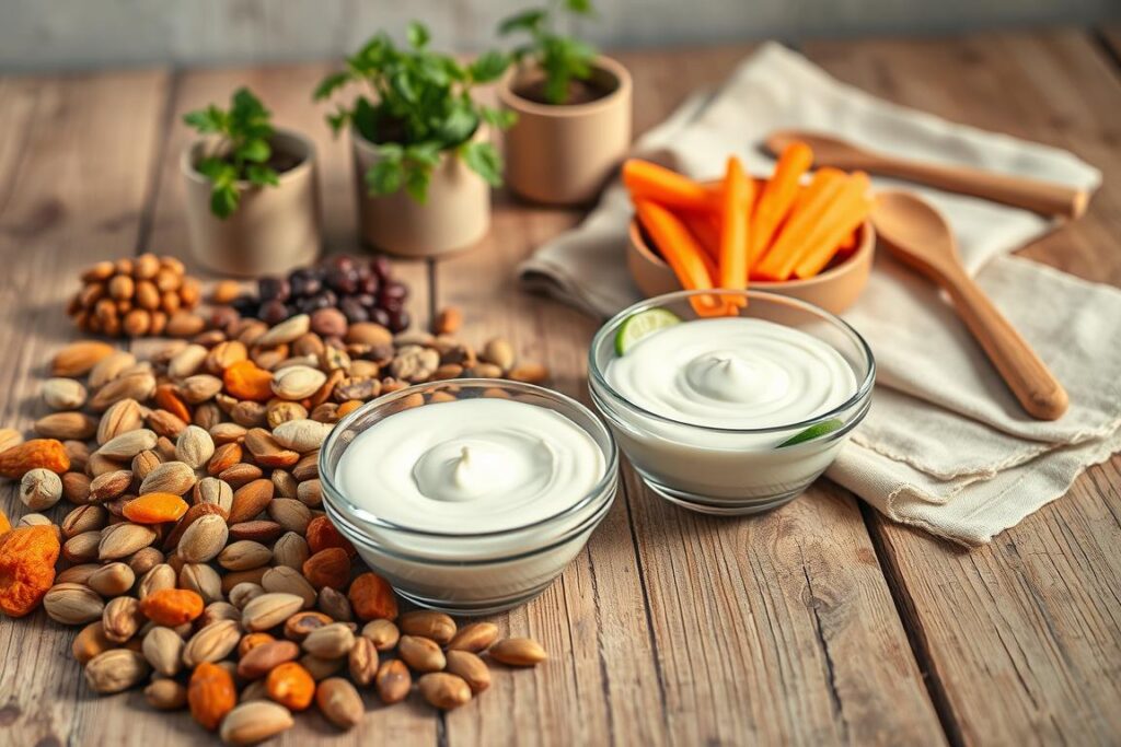 Soft, pastel-hued image of an assortment of gut-friendly snack options arranged on a rustic wooden table. In the foreground, a selection of different nuts, seeds, and dried fruits like almonds, pumpkin seeds, and apricots. The middle ground features a small glass bowl filled with a creamy, dairy-free yogurt-based dip, accompanied by sliced cucumbers and carrot sticks. The background showcases a few potted herbs, a linen napkin, and a simple wooden spoon, creating a soothing, natural atmosphere. Warm, diffused lighting casts a gentle glow, highlighting the textures and colors of the scene. The overall mood is comforting, healthy, and visually appealing.