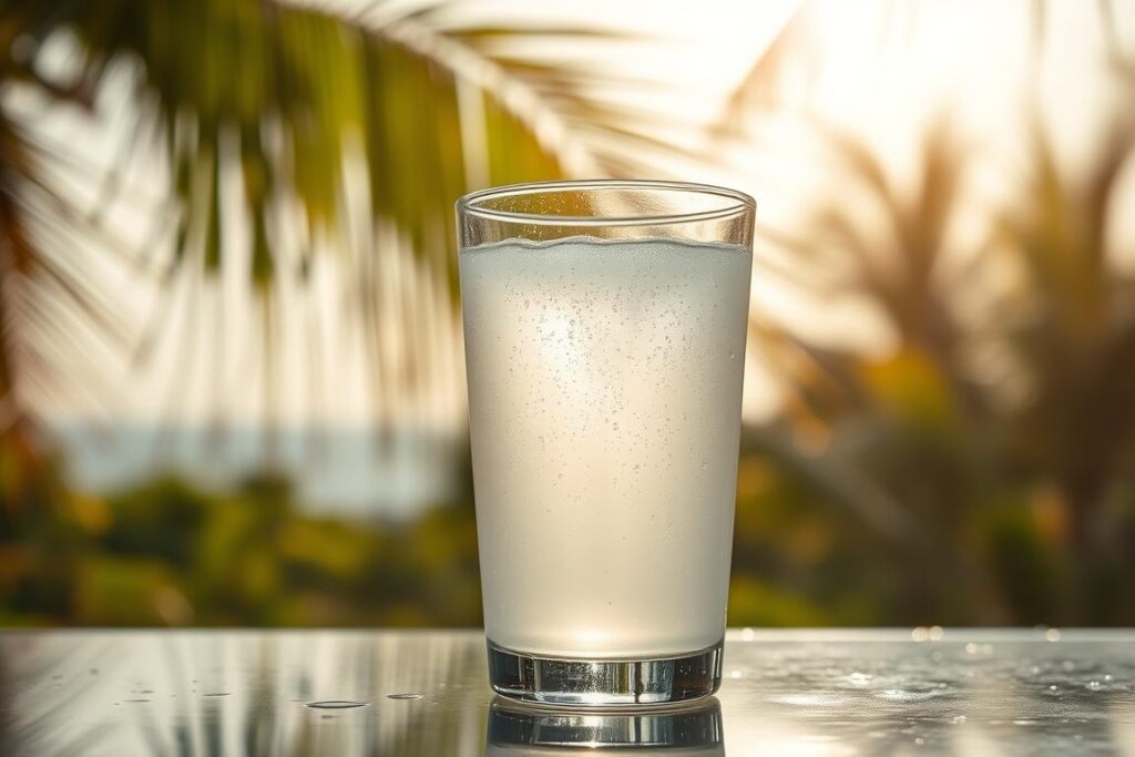 A close-up shot of a glass filled with fresh, translucent coconut water, beads of condensation glistening on the surface. The liquid casts a soft, inviting glow under warm, natural lighting. In the background, a lush, tropical setting with swaying palm fronds and a hazy, sun-dappled horizon, evoking a sense of rejuvenation and hydration. The composition is balanced, with the glass positioned slightly off-center, drawing the viewer's eye towards the refreshing, replenishing liquid. The overall mood is one of calm, soothing respite, perfectly capturing the essence of hydration that supports steady energy and muscular function.