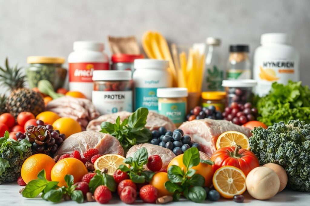 A well-lit, high-resolution image showcasing a still life arrangement of various sports nutrition ingredients. In the foreground, an assortment of fresh, seasonal produce such as leafy greens, berries, and citrus fruits. In the middle ground, an array of protein-rich foods like lean meats, fish, and legumes. In the background, sports supplements like protein powders, electrolyte drinks, and recovery bars. The lighting is soft and natural, highlighting the vibrant colors and textures of the ingredients. The composition is balanced and aesthetically pleasing, conveying a sense of wholesome, functional nutrition for the active individual.