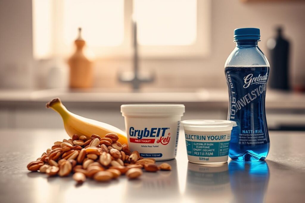 A well-lit kitchen countertop, with a carefully arranged assortment of pre-workout snacks - a handful of mixed nuts, a banana, a container of Greek yogurt, and a small bottle of electrolyte-rich sports drink. The scene is captured from a slightly elevated angle, with a shallow depth of field that keeps the foreground items in sharp focus while gently blurring the background. The lighting is warm and natural, casting soft shadows and highlighting the textures of the ingredients. The overall mood is one of anticipation and preparedness, conveying the importance of timing your pre-workout snack for maximum energy.