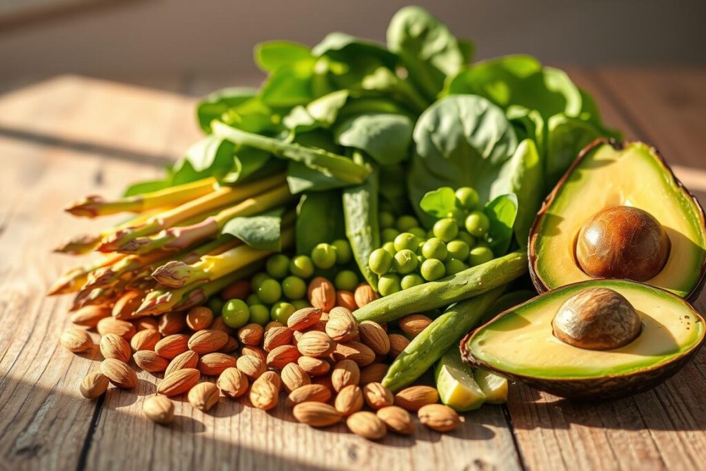a detailed still life photograph of an assortment of fresh, seasonal spring produce items arranged on a rustic wood surface, including colorful asparagus spears, baby spinach leaves, plump green peas, a handful of raw almonds, and a ripe avocado half, all softly illuminated by natural window light casting a warm, golden glow, with a clean, minimalist background that allows the vibrant colors and textures of the foods to take center stage