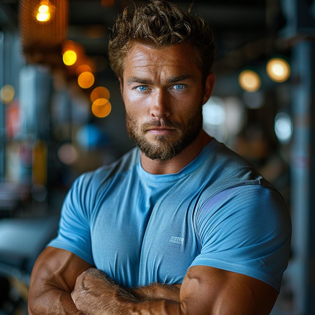 Man intensely exercising his biceps and triceps, promoting the concept of working out your arms everyday